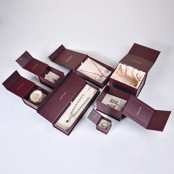 Burgundy Jewelry Box Customized Magnetic Flip Box Velvet Gift Case